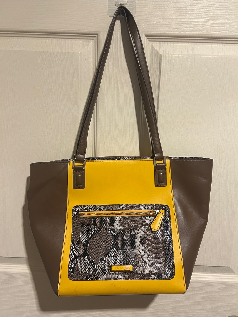 Yellow & Brown Tote Bag with Snake-Print Accent